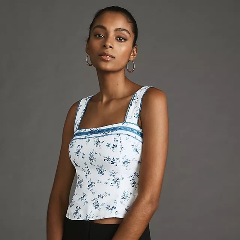 Reformation Eloise Linen Top Blue and White Floral